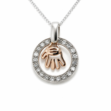 Silver Hoop Necklace with Zircon Stones and Rose Gold Hamsa