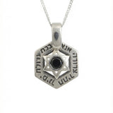 Hexagonal Silver Necklace with Ana B’Koach Blessing, Star of David, and Onyx Stone