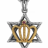 Silver pendant featuring an interwoven Star of David design combined with a gold crown.