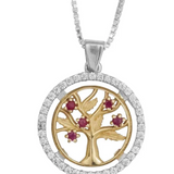 Round silver pendant set with white zircon stones, featuring a gold Tree of Life design inlaid with natural Ruby gemstones.