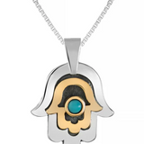 Silver Hamsa pendant combined with 9K gold, set with a natural turquoise stone.