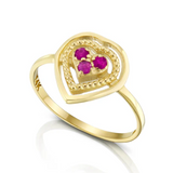 Delicate 14K gold heart-shaped ring set with natural ruby gemstones