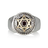 "Ana Bekoach" - Silver and gold ring set with 3mm garnet + 5 metals