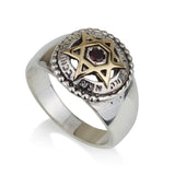 "Ana Bekoach" - Silver and gold ring set with 3mm garnet + 5 metals