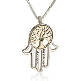 "Hamsa Tree of Life" pendant with emerald (optional), silver and gold