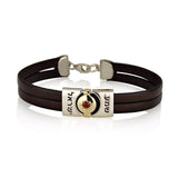 "Shema Israel" bracelet, gold and silver, inlaid with rubies and combined with leather