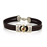 "Shema Israel" bracelet, gold and silver, inlaid with rubies and combined with leather