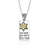 Silver pendant combined with gold, featuring the “Ana BeKoach” prayer and set with a cat’s eye stone.