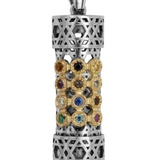 Silver and gold pendant featuring the Hoshen stones set on a cylindrical design adorned with Stars of David — a unique creation symbolizing divine protection, spiritual harmony, and eternal faith.