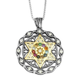 Royal Hoshen pendant made of silver, featuring a gold Star of David, set with precious Hoshen stones and surrounded by white zircon stones.