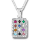 Silver pendant featuring the 12 stones of the Hoshen, surrounded by white zircon settings.