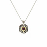 Hexagonal Silver Necklace with Ana B’Koach Blessing and Garnet Star of David